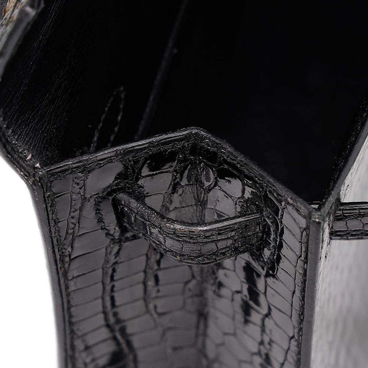 Very Good ( Rank A) HERMÈS Mini Mini Kelly Black (89) Porosus Crocodile Gold hardware Circle V (1992) - 27