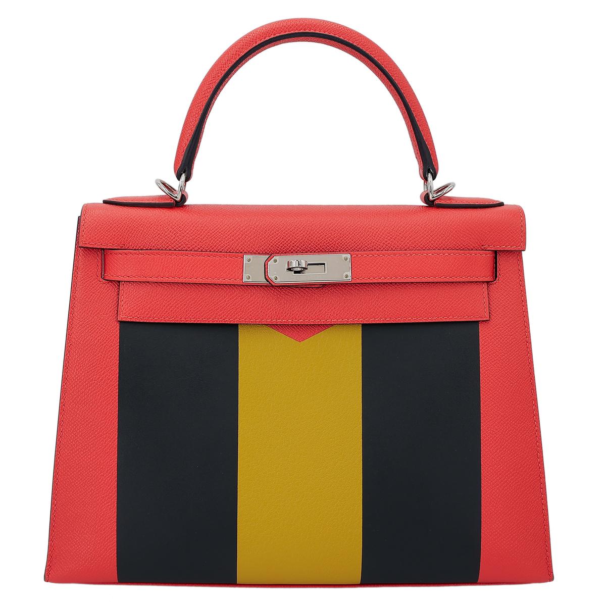 HERMÈS Limited Edition Letter Kelly 28 Kelly Graphie M handbag in Capucine, Jaune Ambre and Blue Obscur Epsom leather, Chevre leather and Sombrero leather with Palladium hardware - 1