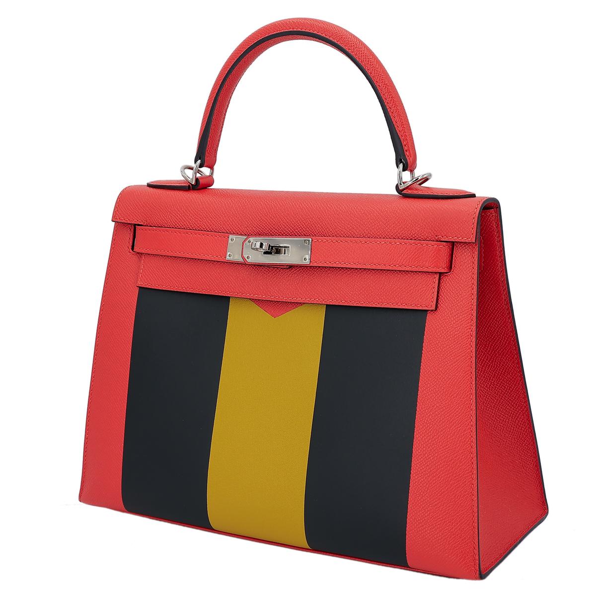 HERMÈS Limited Edition Letter Kelly 28 Kelly Graphie M handbag in Capucine, Jaune Ambre and Blue Obscur Epsom leather, Chevre leather and Sombrero leather with Palladium hardware - 2