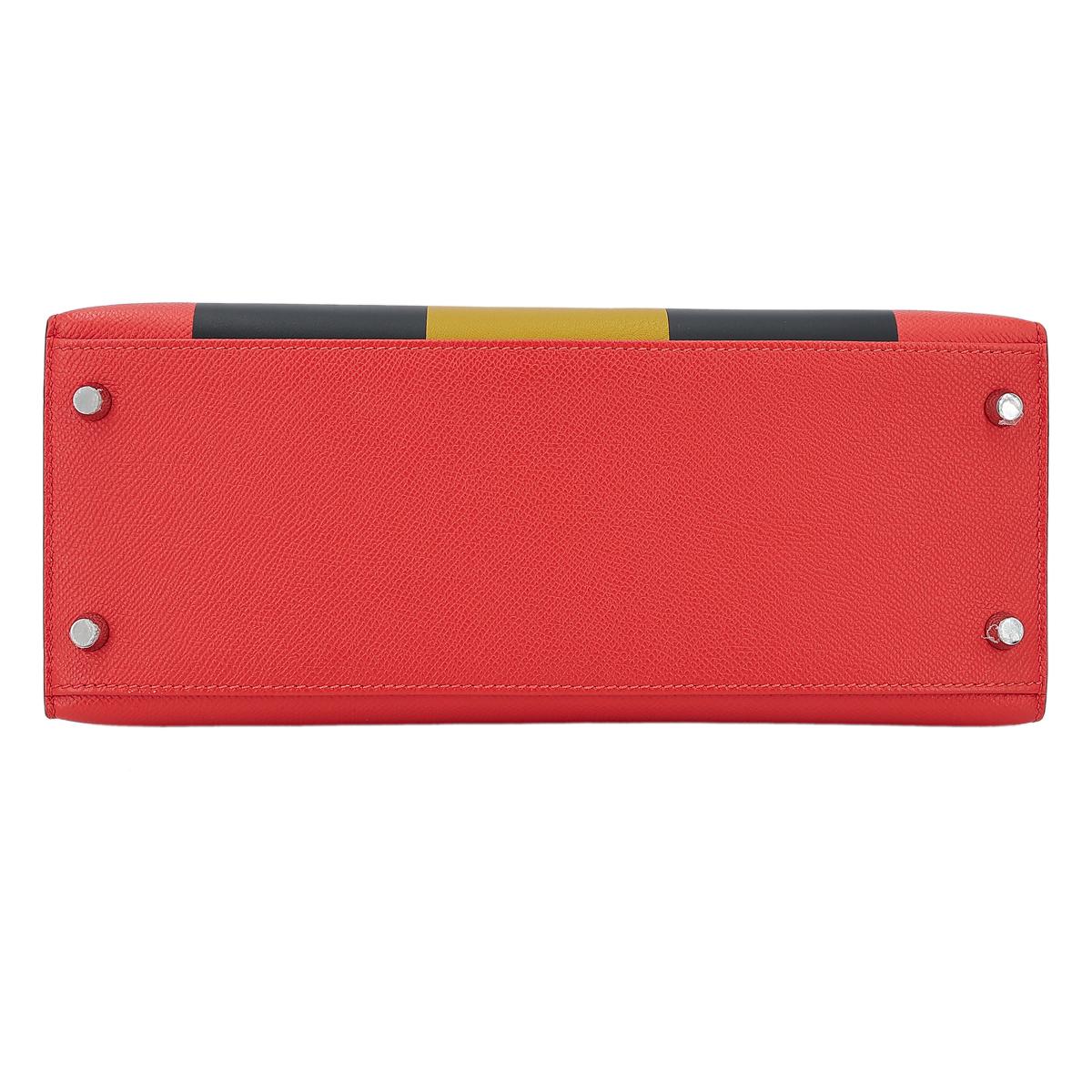 HERMÈS Limited Edition Letter Kelly 28 Kelly Graphie M handbag in Capucine, Jaune Ambre and Blue Obscur Epsom leather, Chevre leather and Sombrero leather with Palladium hardware - 9
