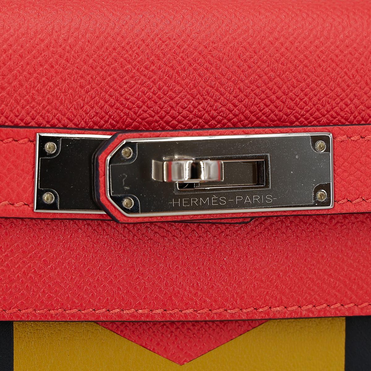HERMÈS Limited Edition Letter Kelly 28 Kelly Graphie M handbag in Capucine, Jaune Ambre and Blue Obscur Epsom leather, Chevre leather and Sombrero leather with Palladium hardware - 15