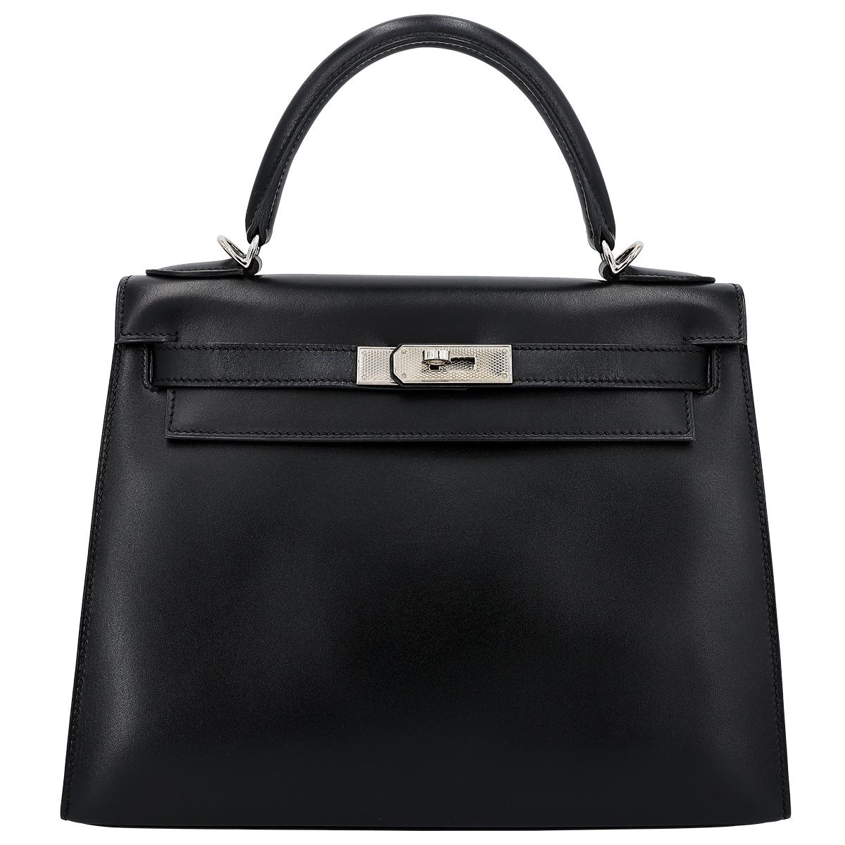 HERMÈS エルメス ハンドバッグ ケリー 28 外縫い ボックスカーフ ブラック ギロッシュ金具 □R刻印 - 1
