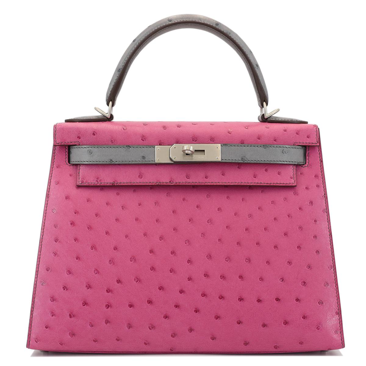 HERMÈS HSS Special Order Ostrich Kelly 28 Sellier handbag in Rose Purple and Gris Agate with Brushed Palladium hardware - 1