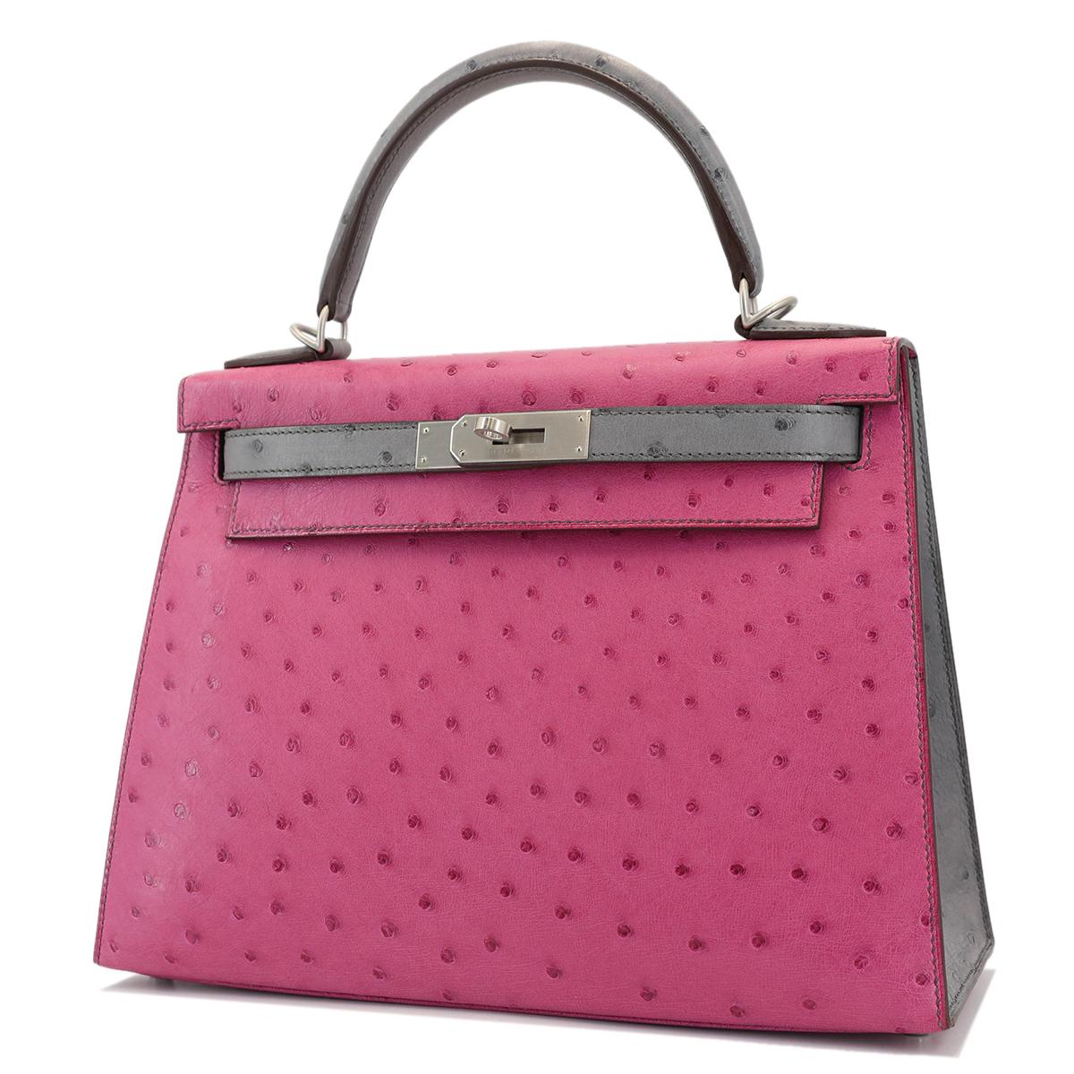 HERMÈS HSS Special Order Ostrich Kelly 28 Sellier handbag in Rose Purple and Gris Agate with Brushed Palladium hardware - 2