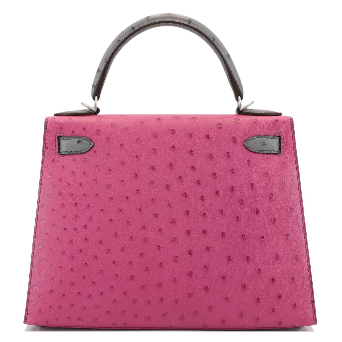 HERMÈS HSS Special Order Ostrich Kelly 28 Sellier handbag in Rose Purple and Gris Agate with Brushed Palladium hardware - 3