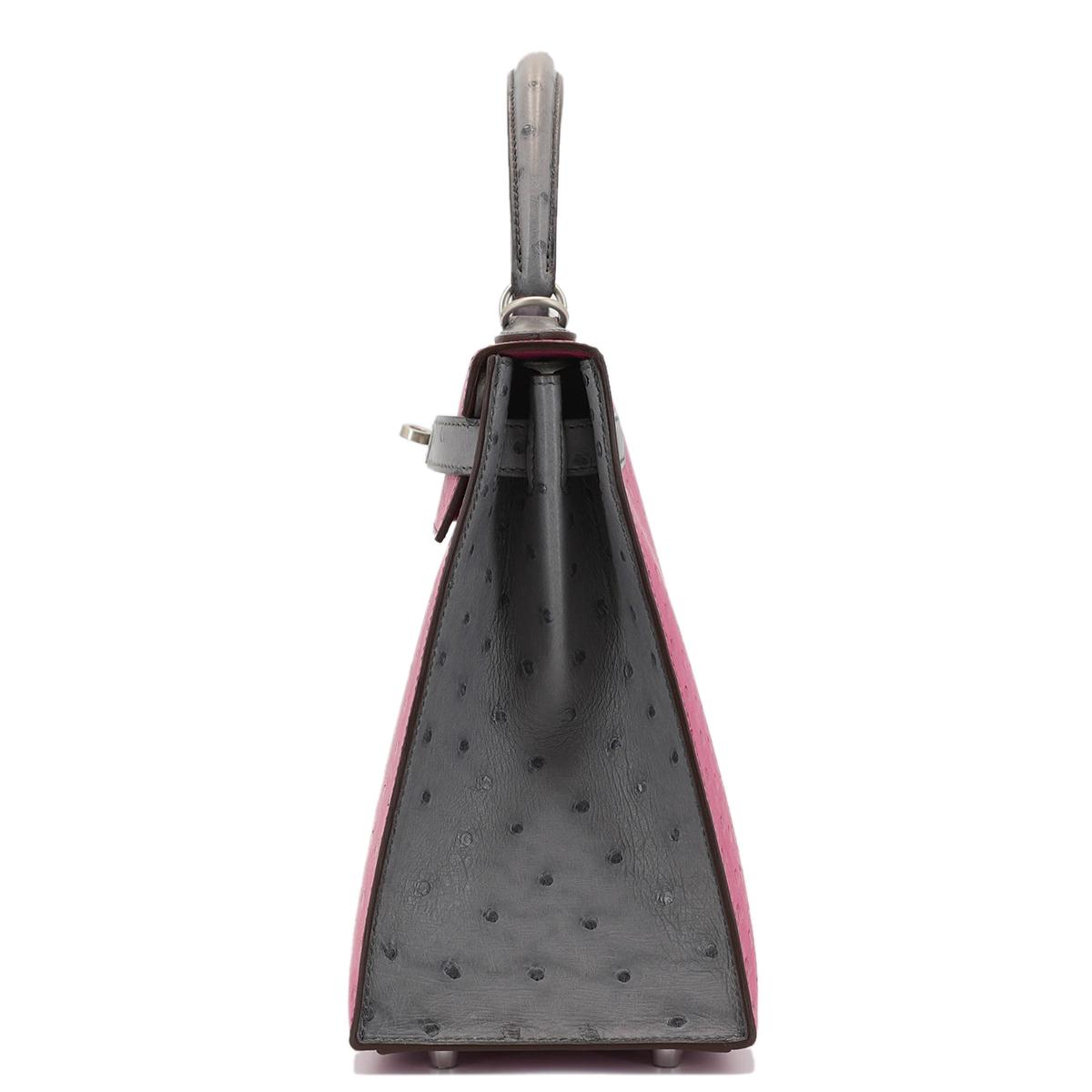 HERMÈS HSS Special Order Ostrich Kelly 28 Sellier handbag in Rose Purple and Gris Agate with Brushed Palladium hardware - 4