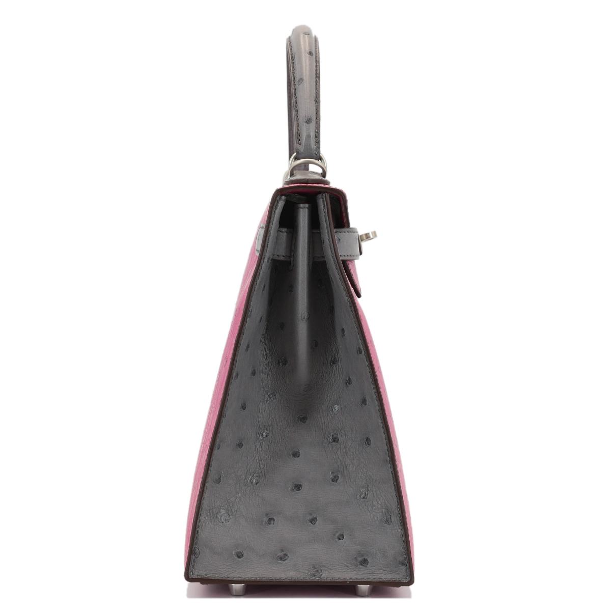 HERMÈS HSS Special Order Ostrich Kelly 28 Sellier handbag in Rose Purple and Gris Agate with Brushed Palladium hardware - 5