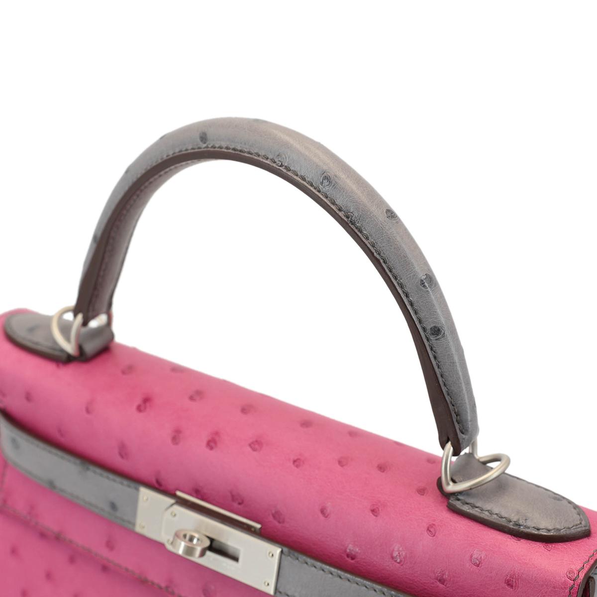 HERMÈS HSS Special Order Ostrich Kelly 28 Sellier handbag in Rose Purple and Gris Agate with Brushed Palladium hardware - 11