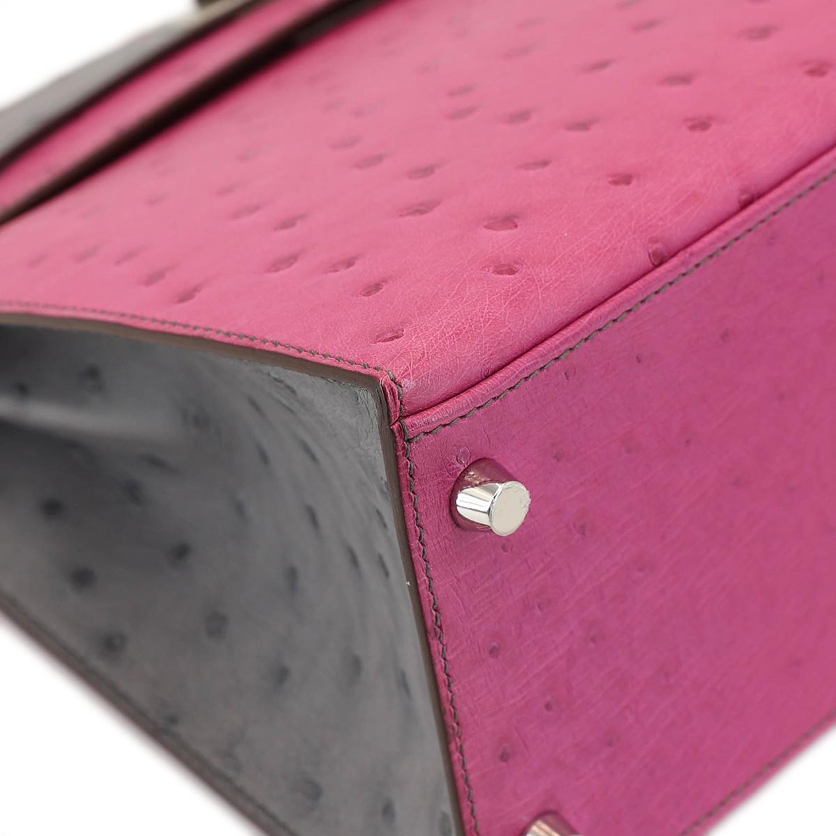 HERMÈS HSS Special Order Ostrich Kelly 28 Sellier handbag in Rose Purple and Gris Agate with Brushed Palladium hardware - 9