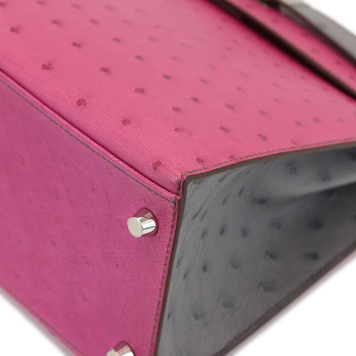 HERMÈS HSS Special Order Ostrich Kelly 28 Sellier handbag in Rose Purple and Gris Agate with Brushed Palladium hardware - 7