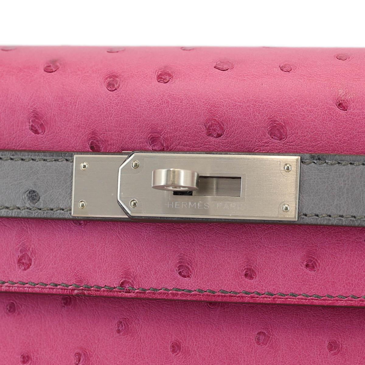 HERMÈS HSS Special Order Ostrich Kelly 28 Sellier handbag in Rose Purple and Gris Agate with Brushed Palladium hardware - 12