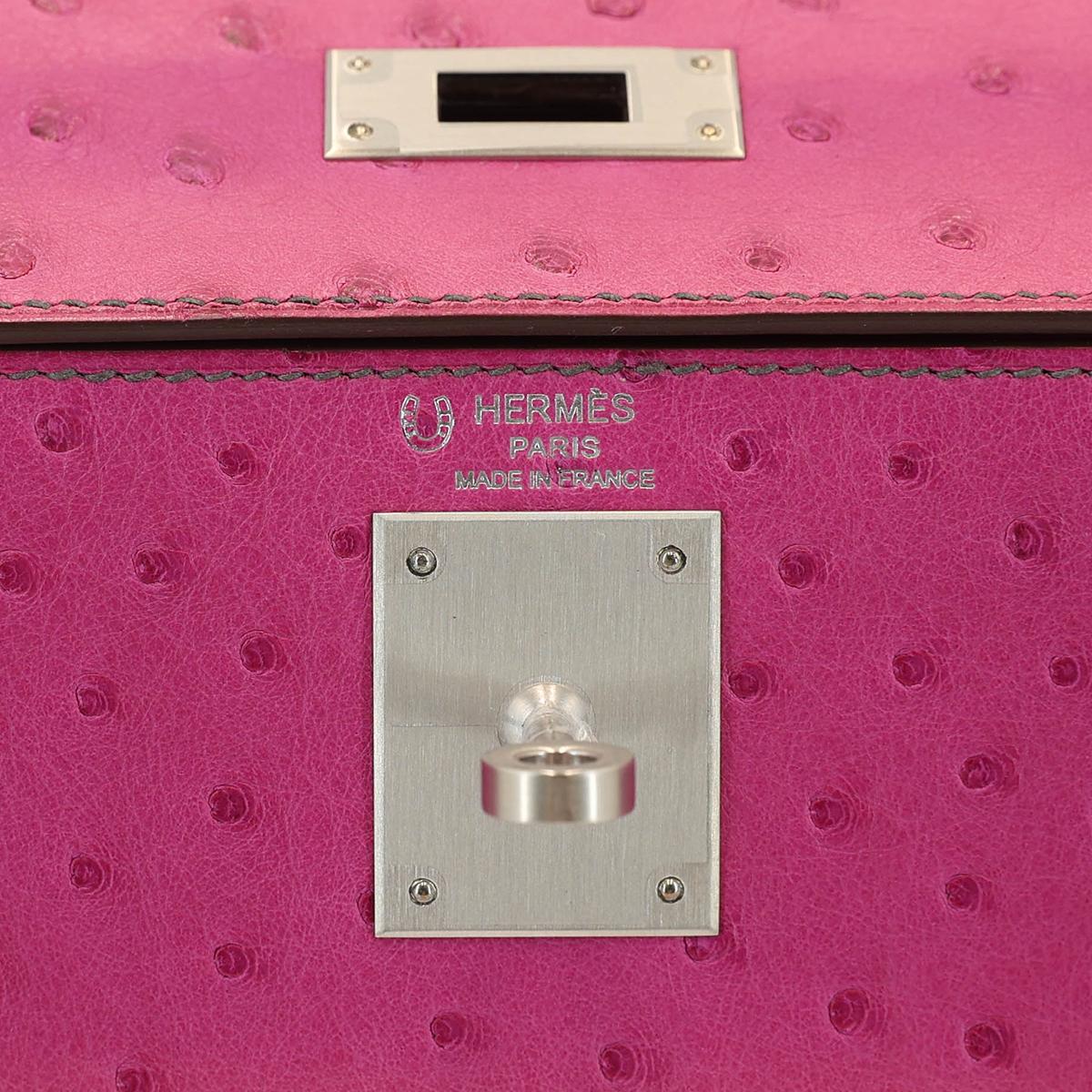 HERMÈS HSS Special Order Ostrich Kelly 28 Sellier handbag in Rose Purple and Gris Agate with Brushed Palladium hardware - 14