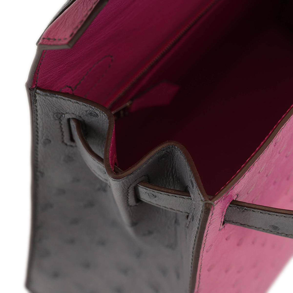 HERMÈS HSS Special Order Ostrich Kelly 28 Sellier handbag in Rose Purple and Gris Agate with Brushed Palladium hardware - 19
