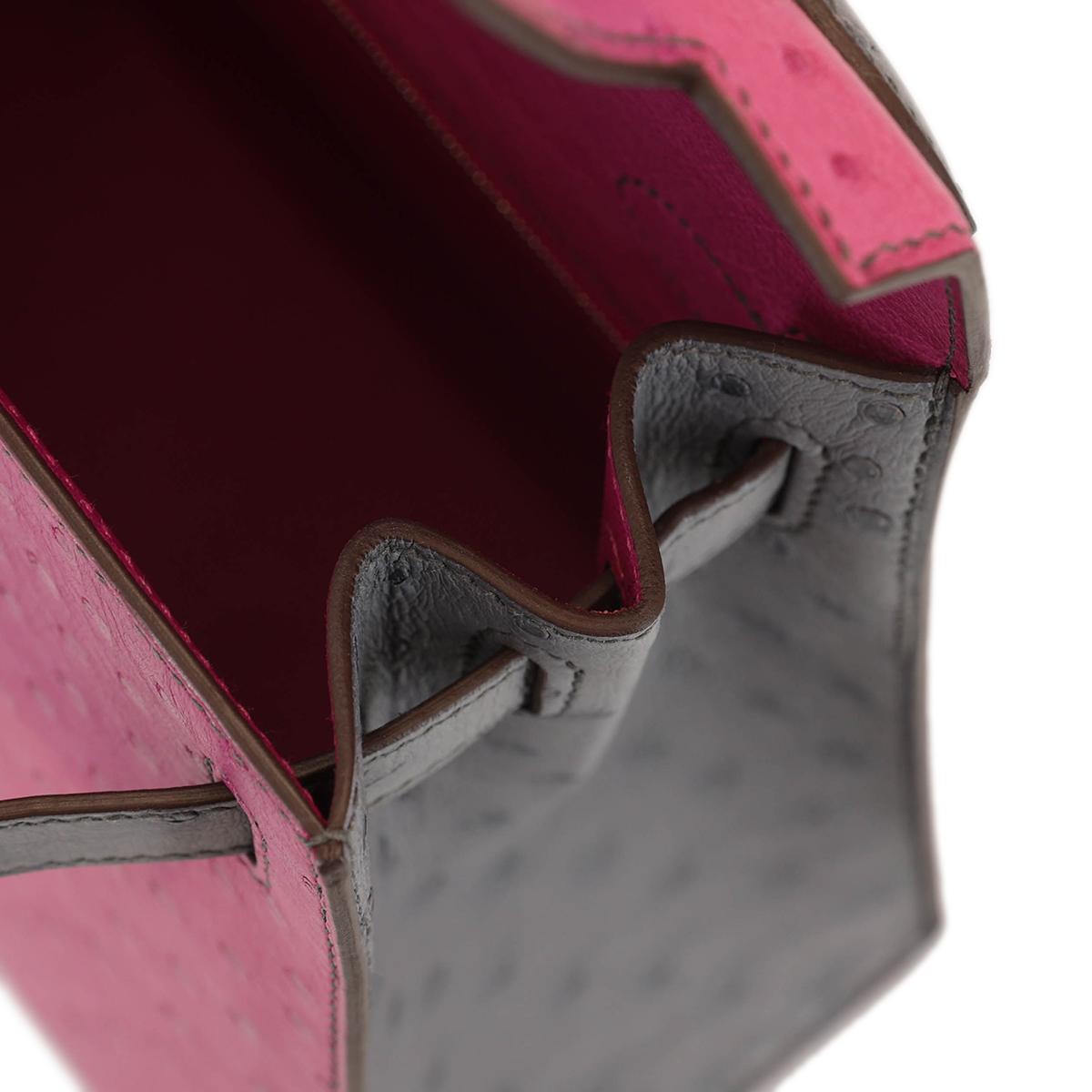 HERMÈS HSS Special Order Ostrich Kelly 28 Sellier handbag in Rose Purple and Gris Agate with Brushed Palladium hardware - 20