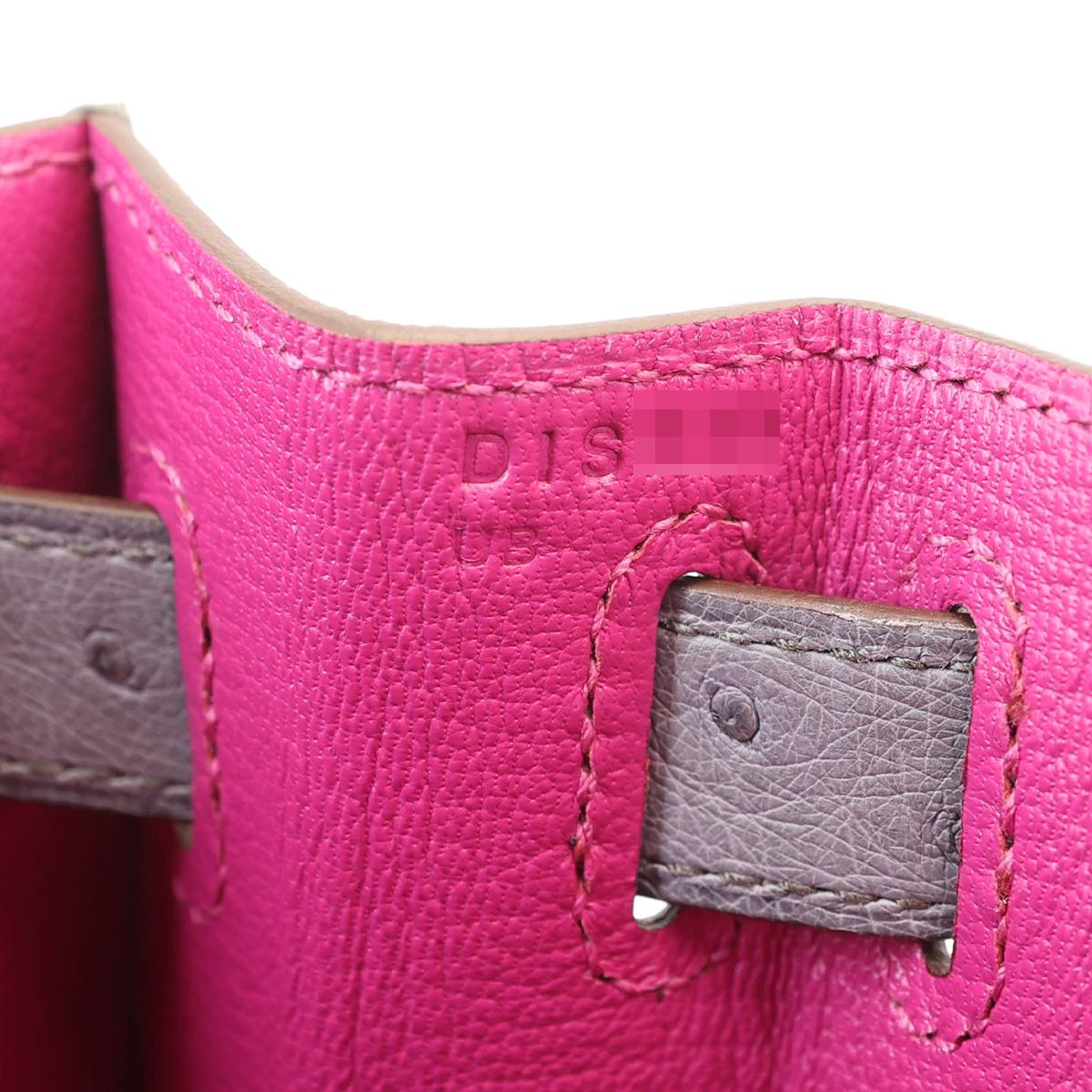 HERMÈS HSS Special Order Ostrich Kelly 28 Sellier handbag in Rose Purple and Gris Agate with Brushed Palladium hardware - 18
