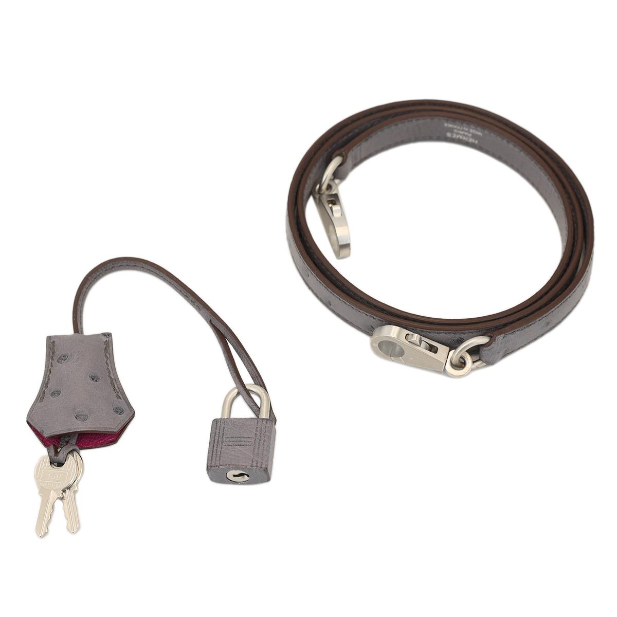 HERMÈS HSS Special Order Ostrich Kelly 28 Sellier handbag in Rose Purple and Gris Agate with Brushed Palladium hardware - 21