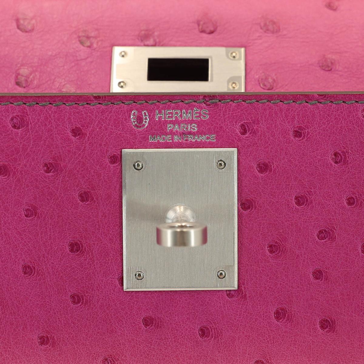 HERMÈS HSS Special Order Ostrich Kelly 28 Sellier handbag in Rose Purple and Gris Agate with Brushed Palladium hardware - 15