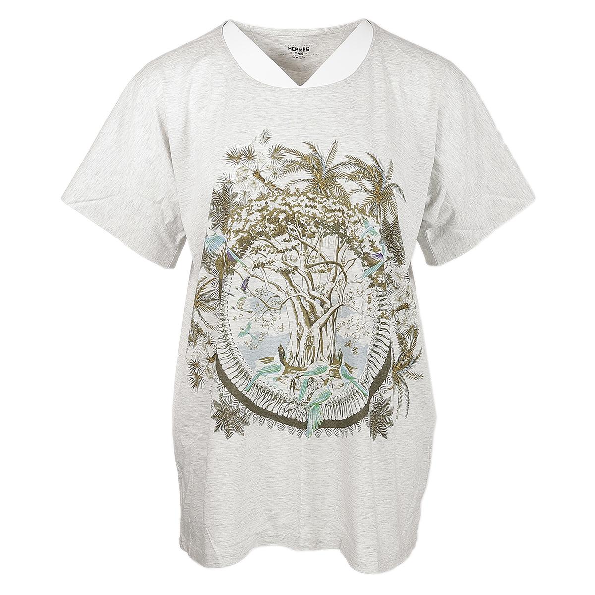 HERMÈS  エルメス 木と鳥が描かれたTシャツ グレー コットン - 1