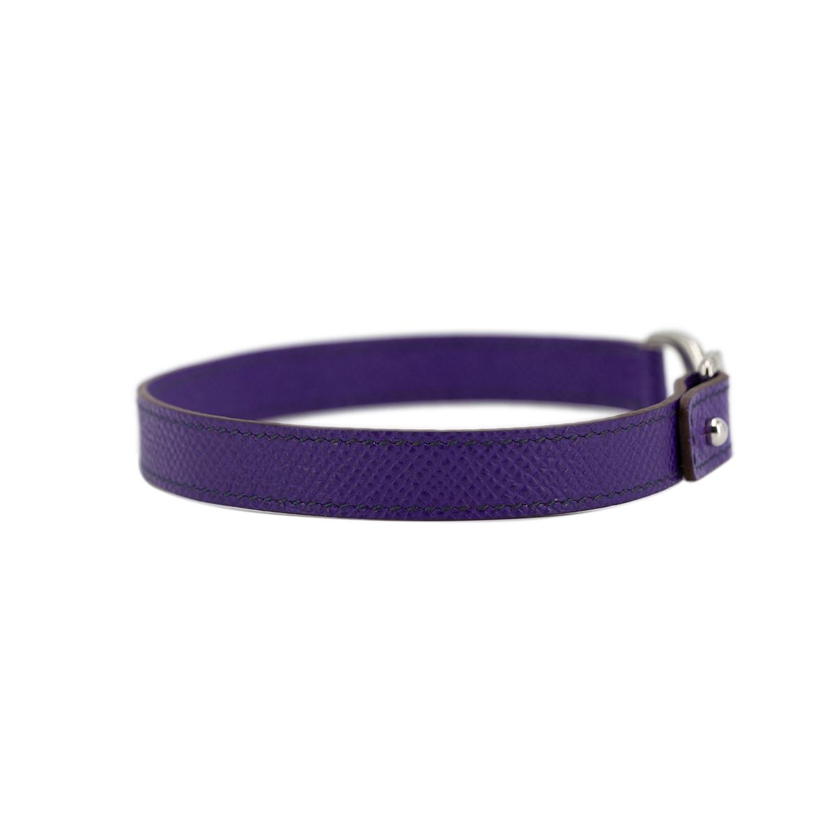 A美品 HERMÈS 爱马仕 Pavane 双圈手镯 5L 梦幻紫 Ultraviolet 牛皮 银扣 - 8