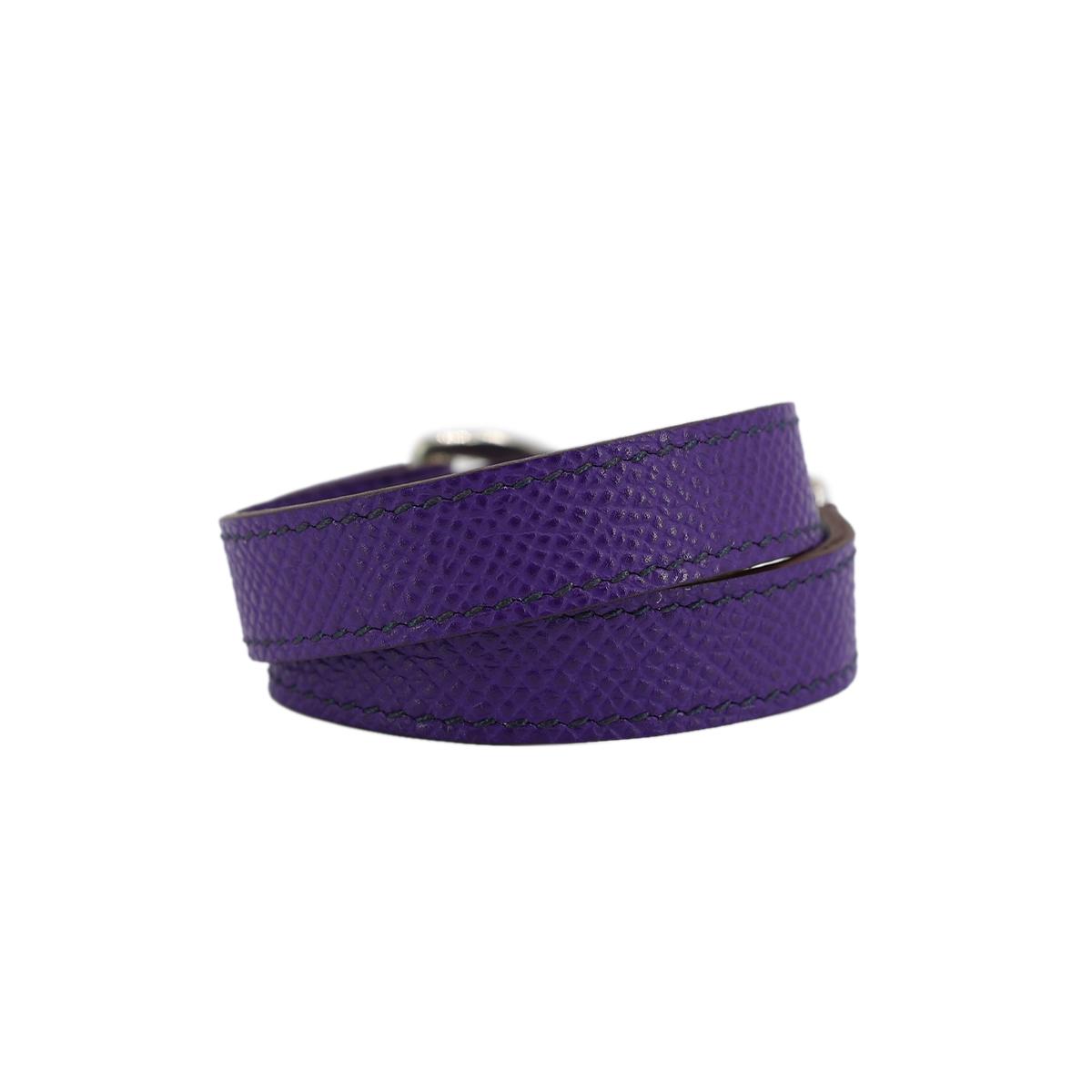 A美品 HERMÈS 爱马仕 Pavane 双圈手镯 5L 梦幻紫 Ultraviolet 牛皮 银扣 - 14