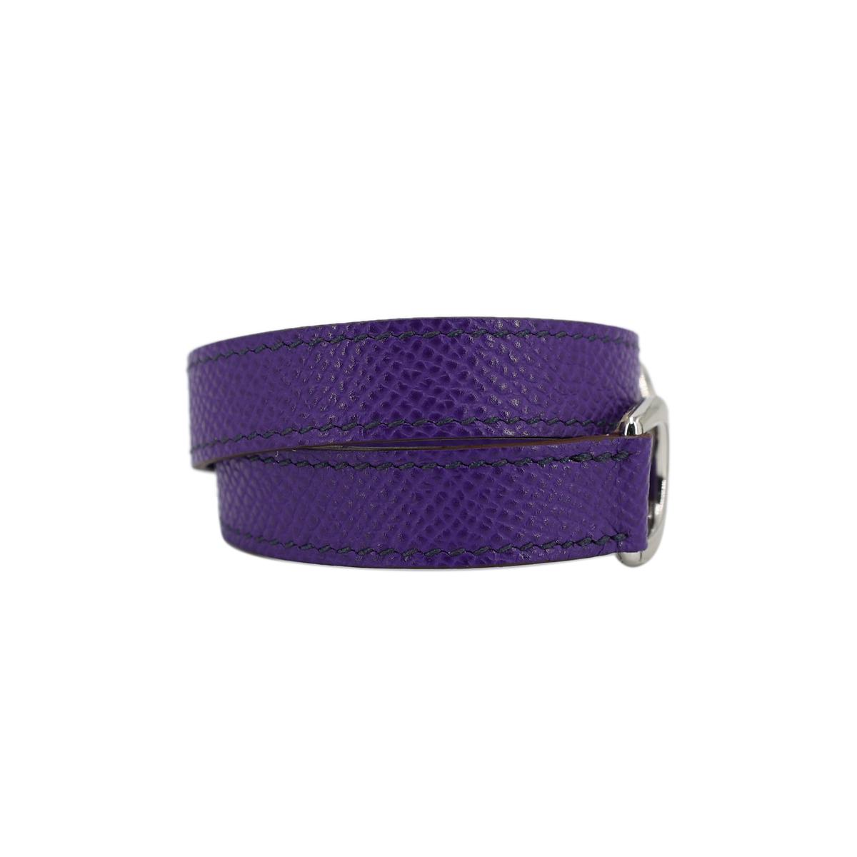 A美品 HERMÈS 爱马仕 Pavane 双圈手镯 5L 梦幻紫 Ultraviolet 牛皮 银扣 - 15