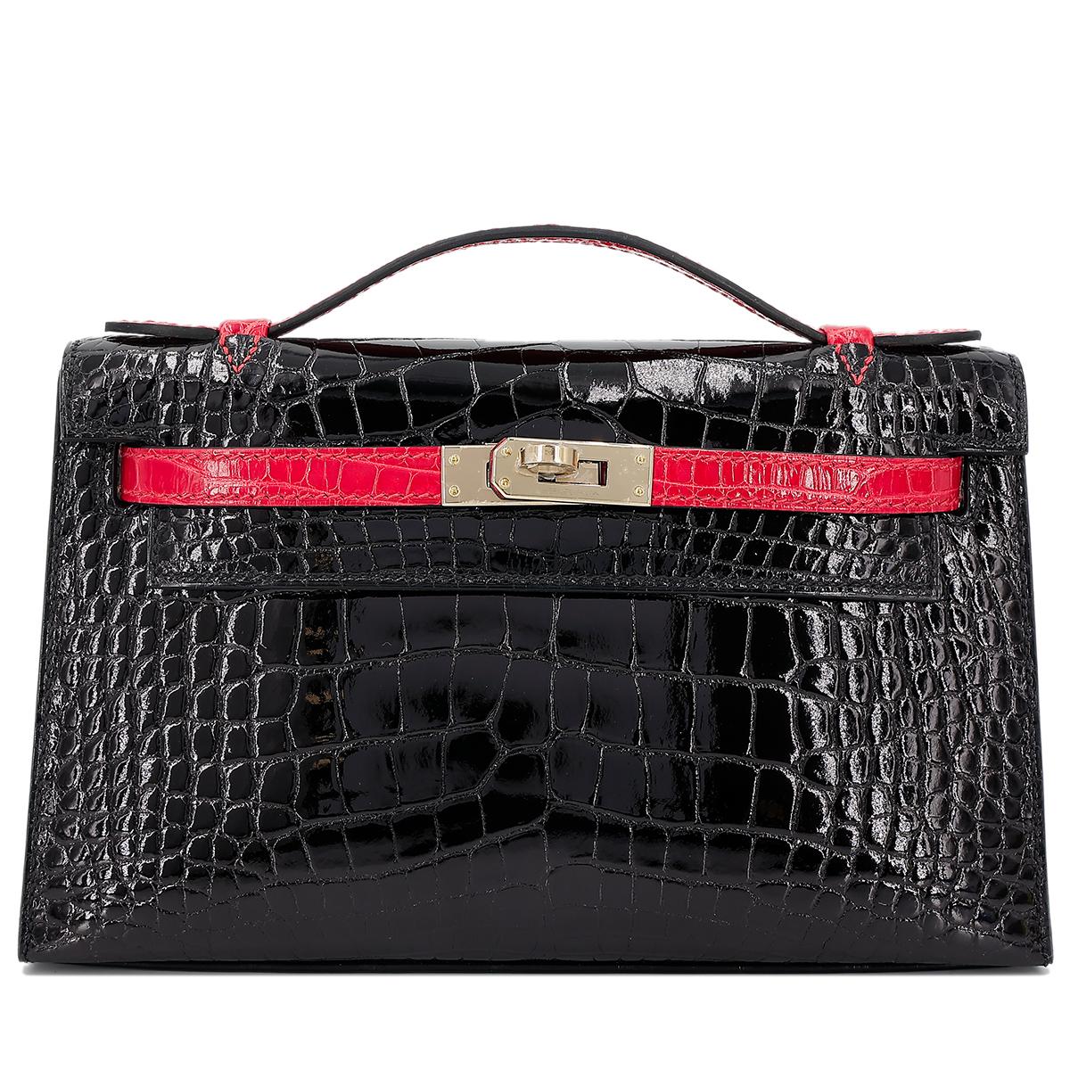 HERMÈS HSS Special Order Alligator Kelly Pochette handbag in Black and Geranium with Permabrass hardware - 1