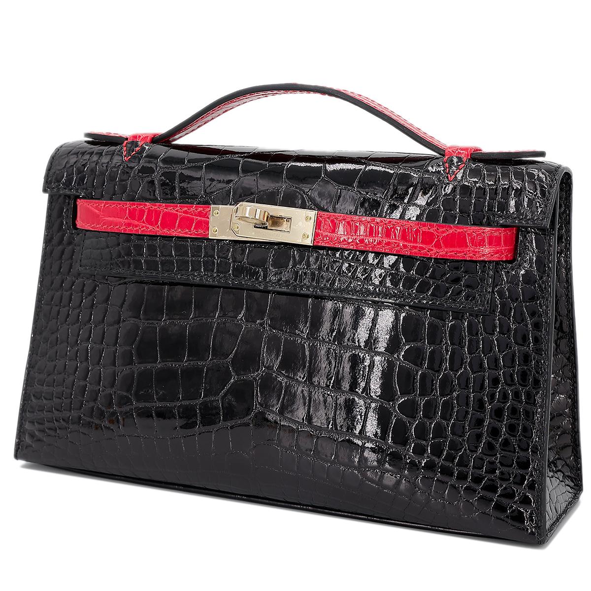 HERMÈS HSS Special Order Alligator Kelly Pochette handbag in Black and Geranium with Permabrass hardware - 2