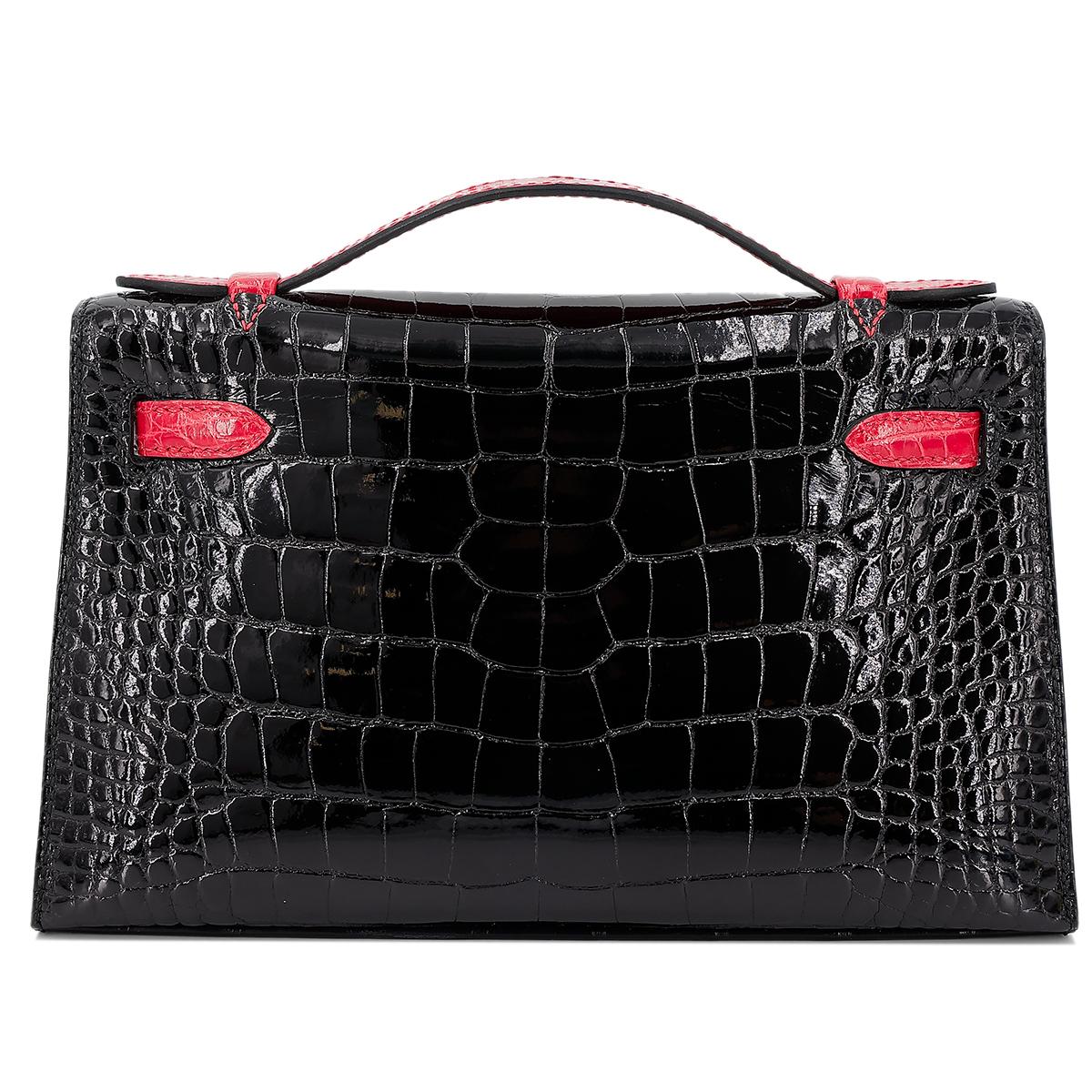 HERMÈS HSS Special Order Alligator Kelly Pochette handbag in Black and Geranium with Permabrass hardware - 3