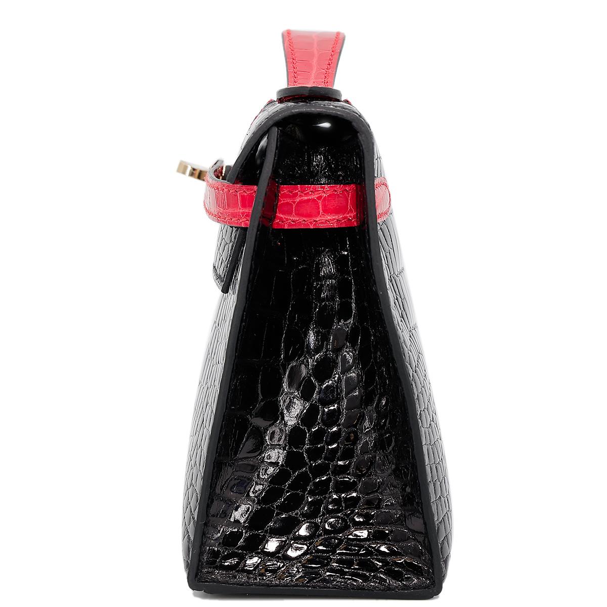 HERMÈS HSS Special Order Alligator Kelly Pochette handbag in Black and Geranium with Permabrass hardware - 4