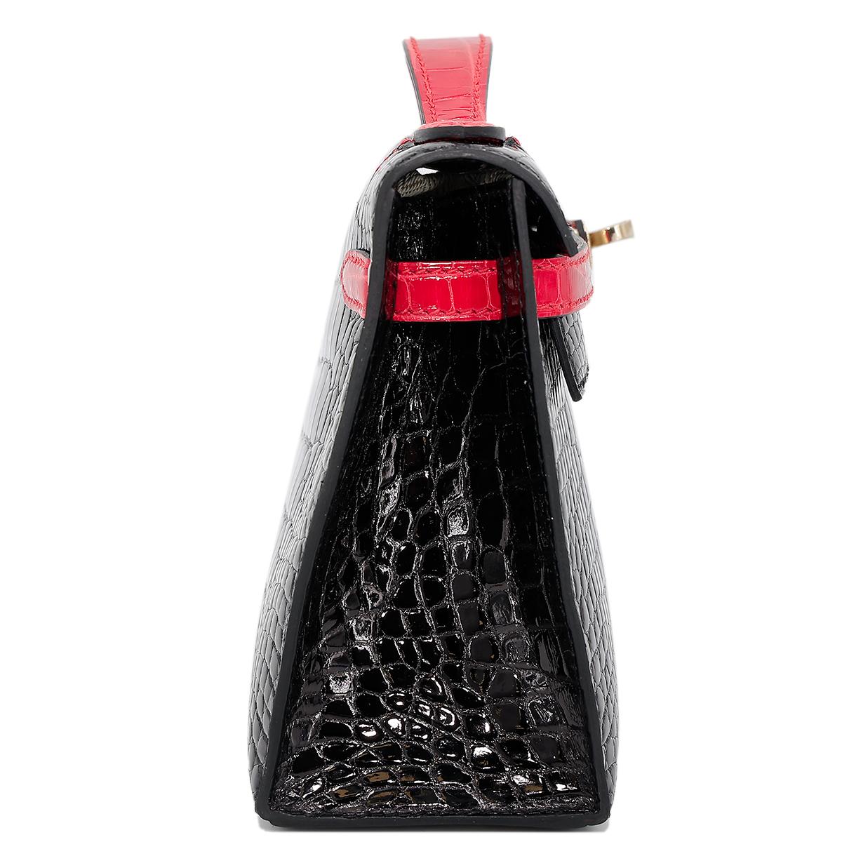 HERMÈS HSS Special Order Alligator Kelly Pochette handbag in Black and Geranium with Permabrass hardware - 5