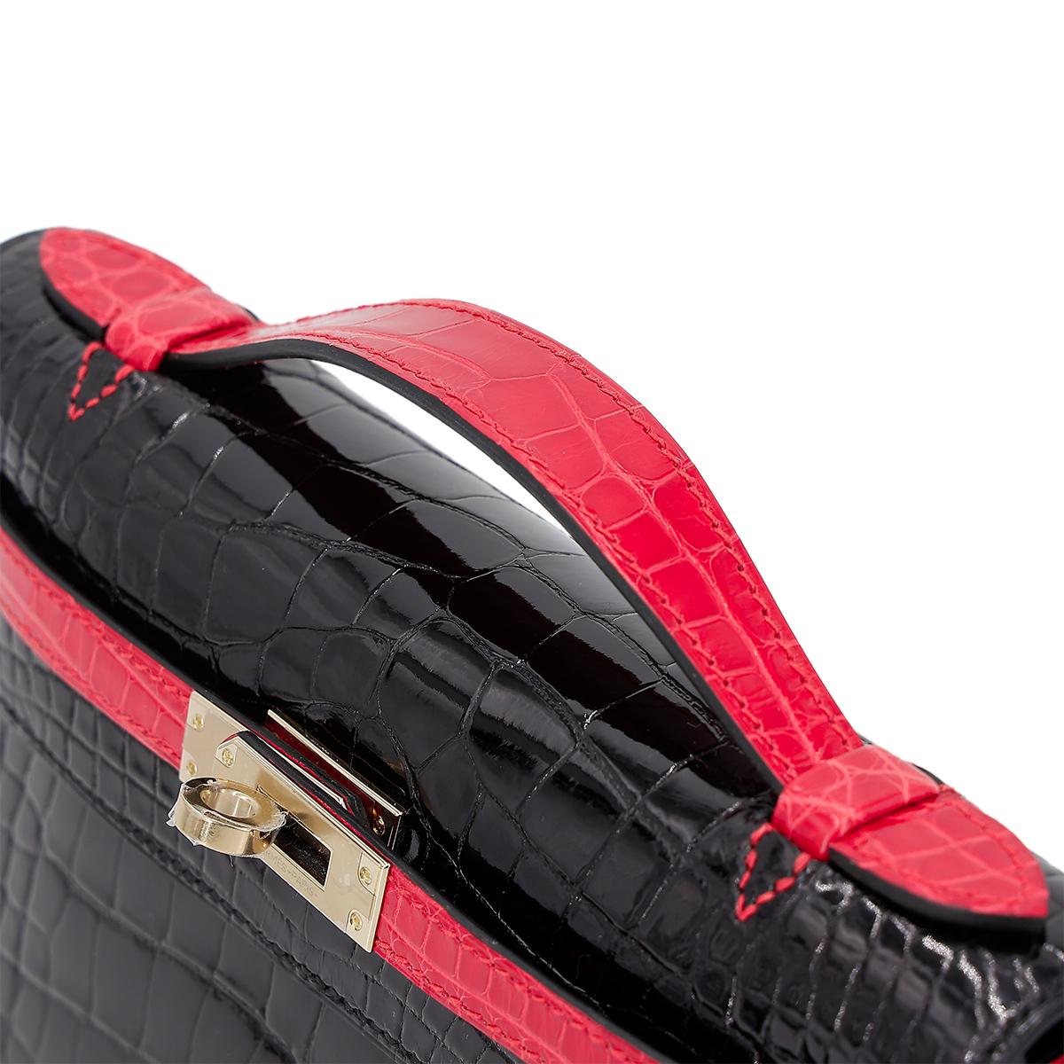 HERMÈS HSS Special Order Alligator Kelly Pochette handbag in Black and Geranium with Permabrass hardware - 6