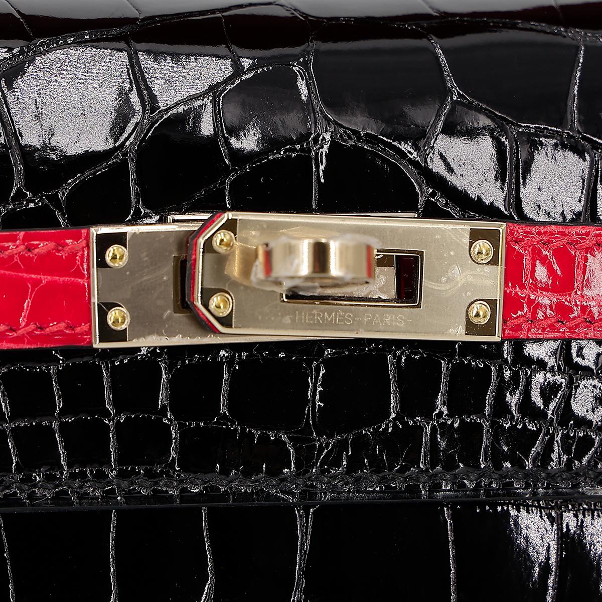 HERMÈS HSS Special Order Alligator Kelly Pochette handbag in Black and Geranium with Permabrass hardware - 12