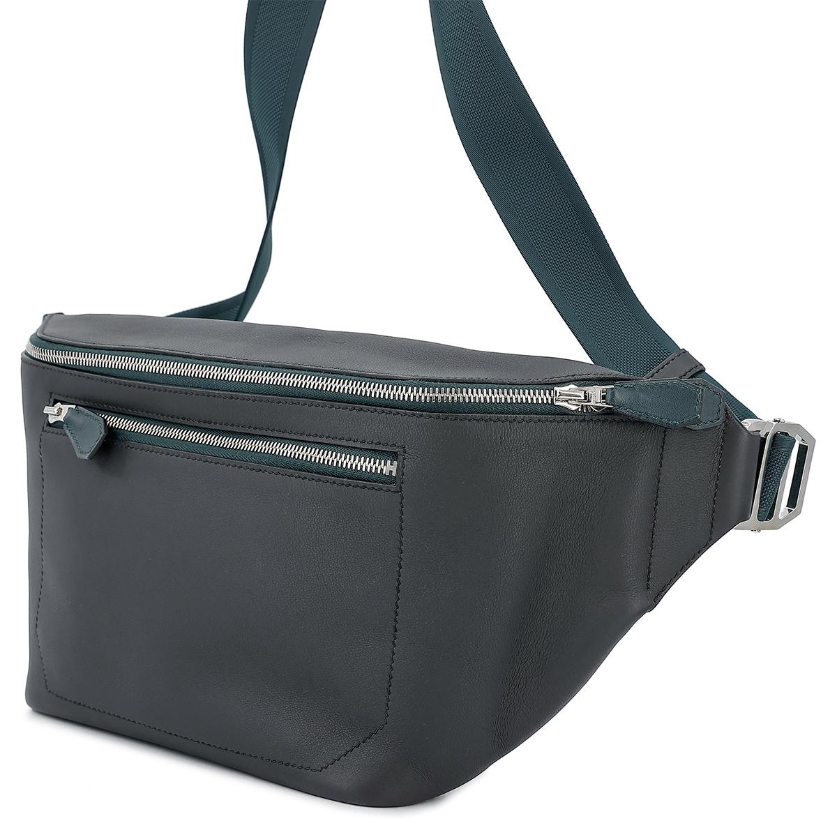 HERMÈS Sac City Slide Cross GM shoulder bag in Plomb and Vert Cypress Evercolor leather with Palladium hardware - 2