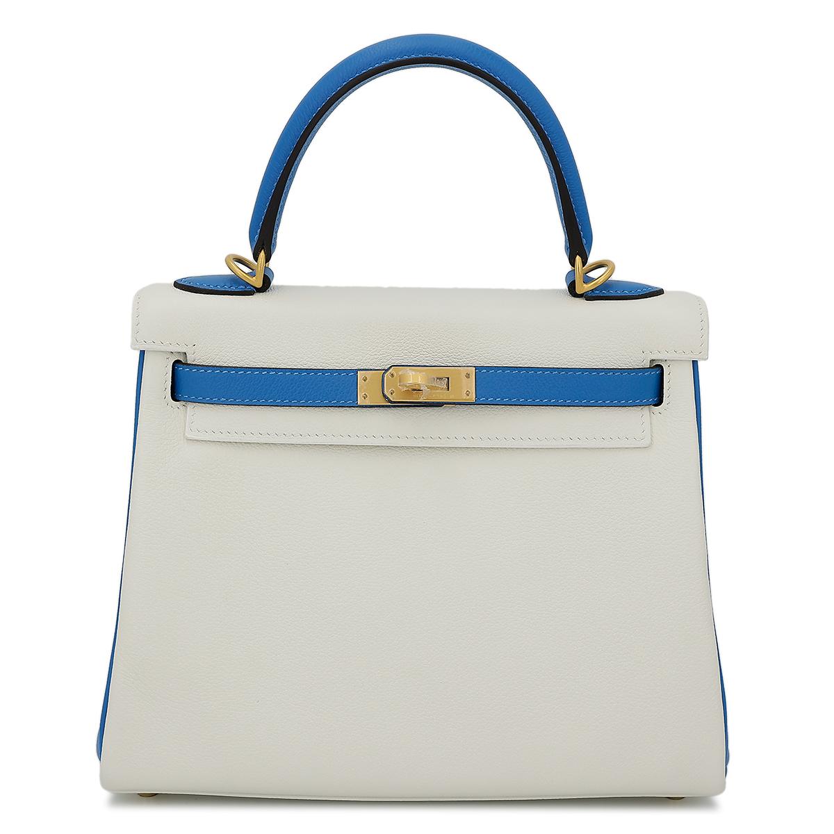 Excellent ( Rank SA ) HERMÈS Special Order Kelly 25 Bleu Hydra (T7) White (01) Evercolor Brushed Gold hardware D (2019) - 1