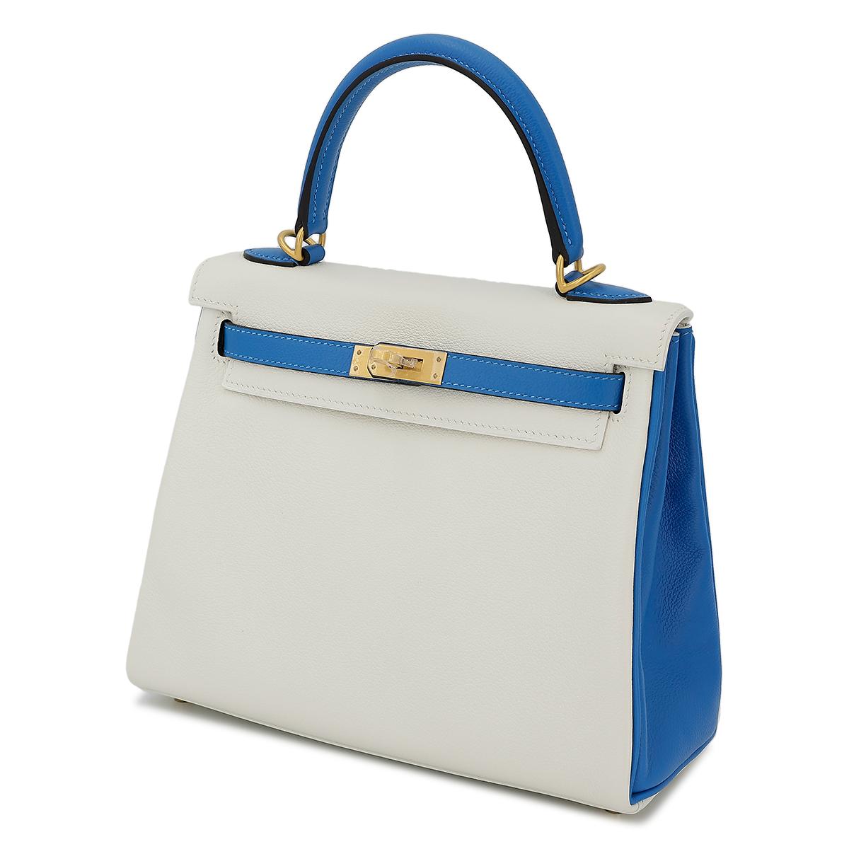 Excellent ( Rank SA ) HERMÈS Special Order Kelly 25 Bleu Hydra (T7) White (01) Evercolor Brushed Gold hardware D (2019) - 2