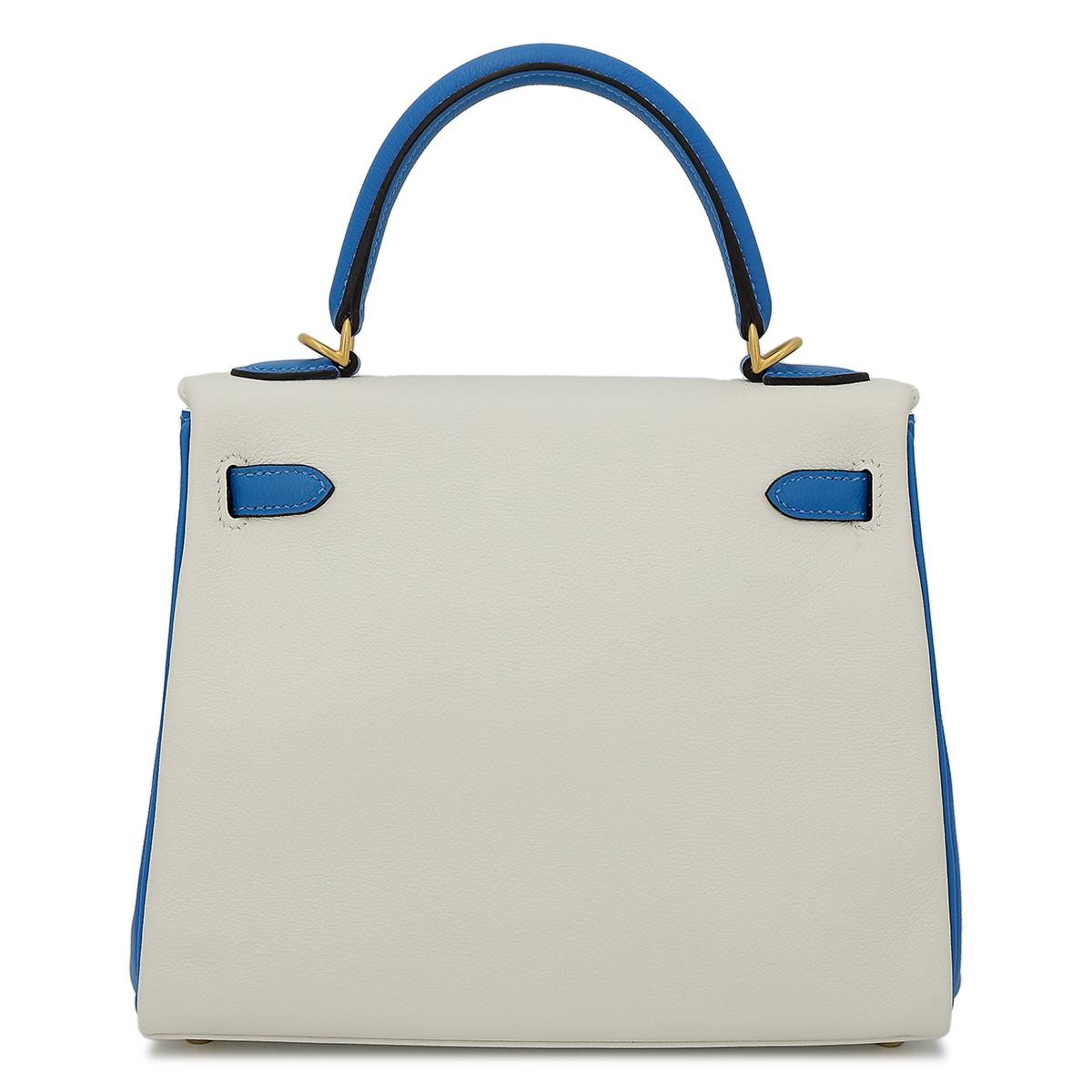 Excellent ( Rank SA ) HERMÈS Special Order Kelly 25 Bleu Hydra (T7) White (01) Evercolor Brushed Gold hardware D (2019) - 3
