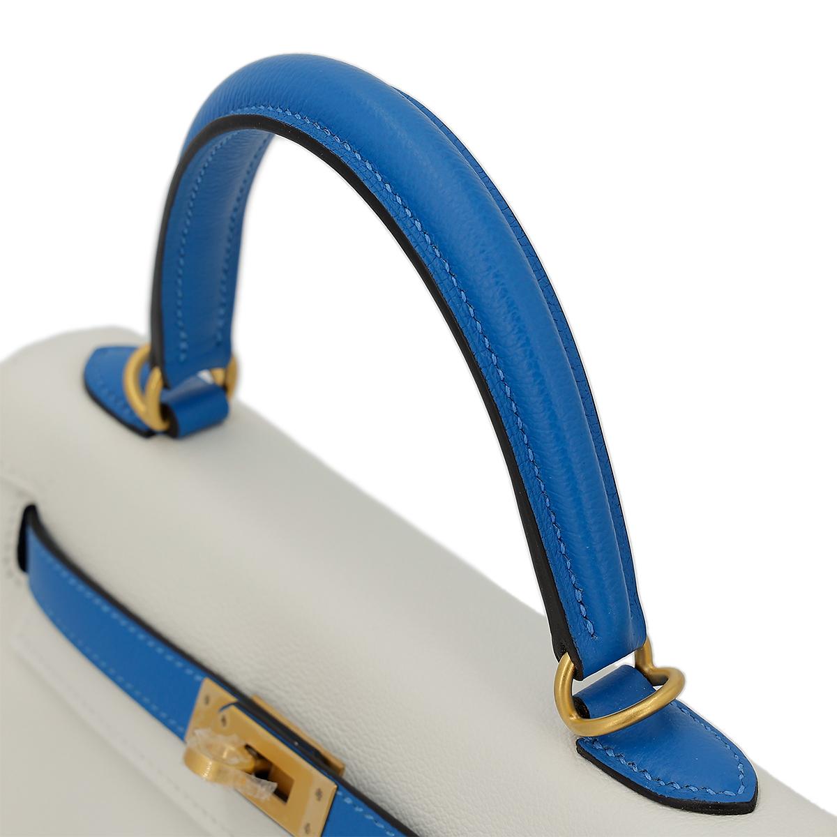 Excellent ( Rank SA ) HERMÈS Special Order Kelly 25 Bleu Hydra (T7) White (01) Evercolor Brushed Gold hardware D (2019) - 6