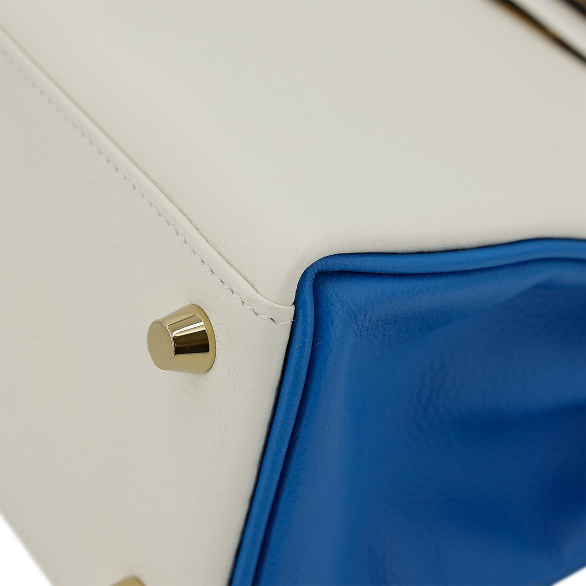 Excellent ( Rank SA ) HERMÈS Special Order Kelly 25 Bleu Hydra (T7) White (01) Evercolor Brushed Gold hardware D (2019) - 9