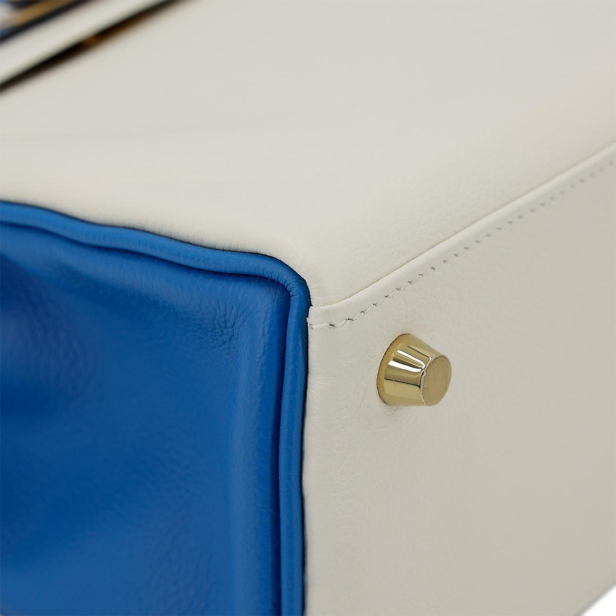 Excellent ( Rank SA ) HERMÈS Special Order Kelly 25 Bleu Hydra (T7) White (01) Evercolor Brushed Gold hardware D (2019) - 8