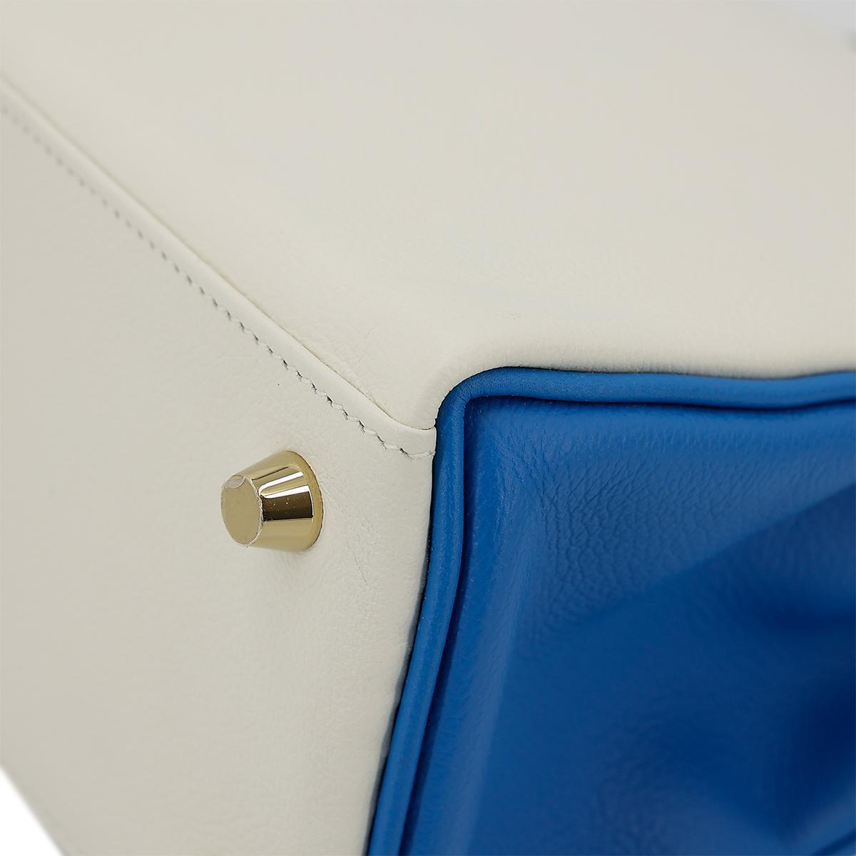 Excellent ( Rank SA ) HERMÈS Special Order Kelly 25 Bleu Hydra (T7) White (01) Evercolor Brushed Gold hardware D (2019) - 10
