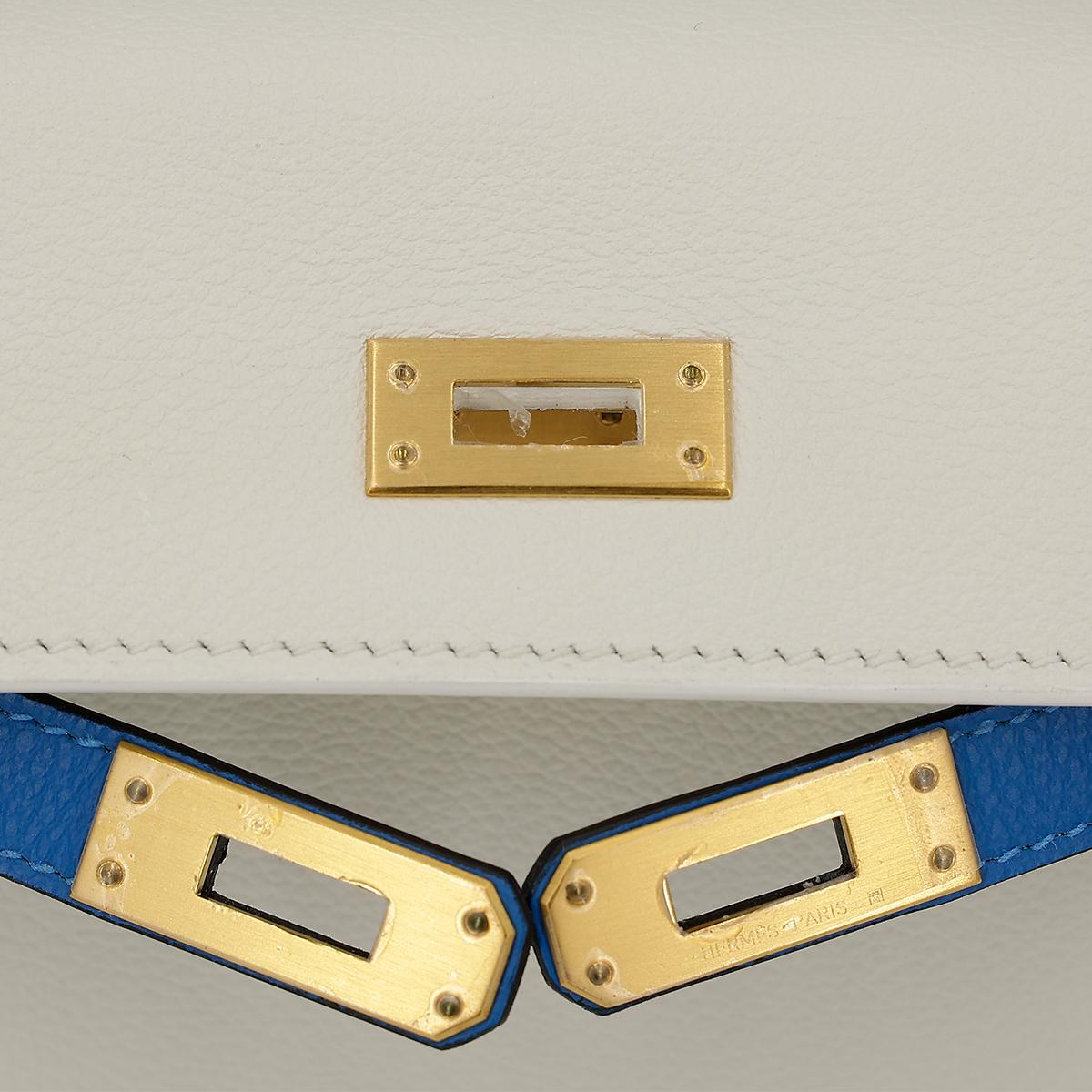 Excellent ( Rank SA ) HERMÈS Special Order Kelly 25 Bleu Hydra (T7) White (01) Evercolor Brushed Gold hardware D (2019) - 15