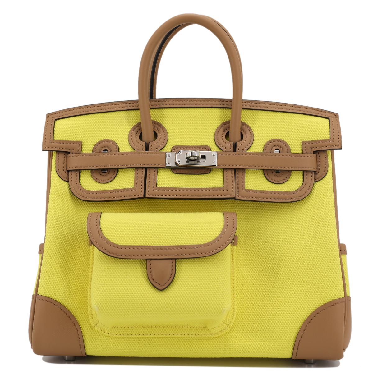 [未使用保存品] HERMÈS 愛馬仕 限量款 Birkin Cargo 25 手提包 9N Jaune Citron 糖果黃 0M Chai 奶茶色 Swift牛皮 帆布 銀扣 - 1