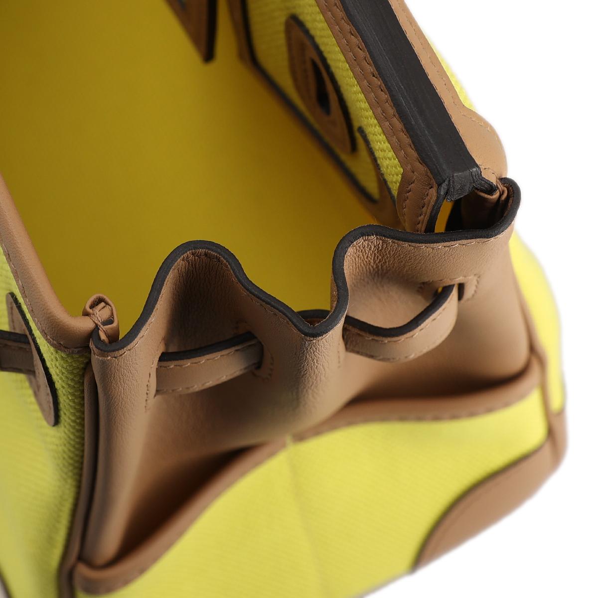[未使用保存品] HERMÈS 愛馬仕 限量款 Birkin Cargo 25 手提包 9N Jaune Citron 糖果黃 0M Chai 奶茶色 Swift牛皮 帆布 銀扣 - 16