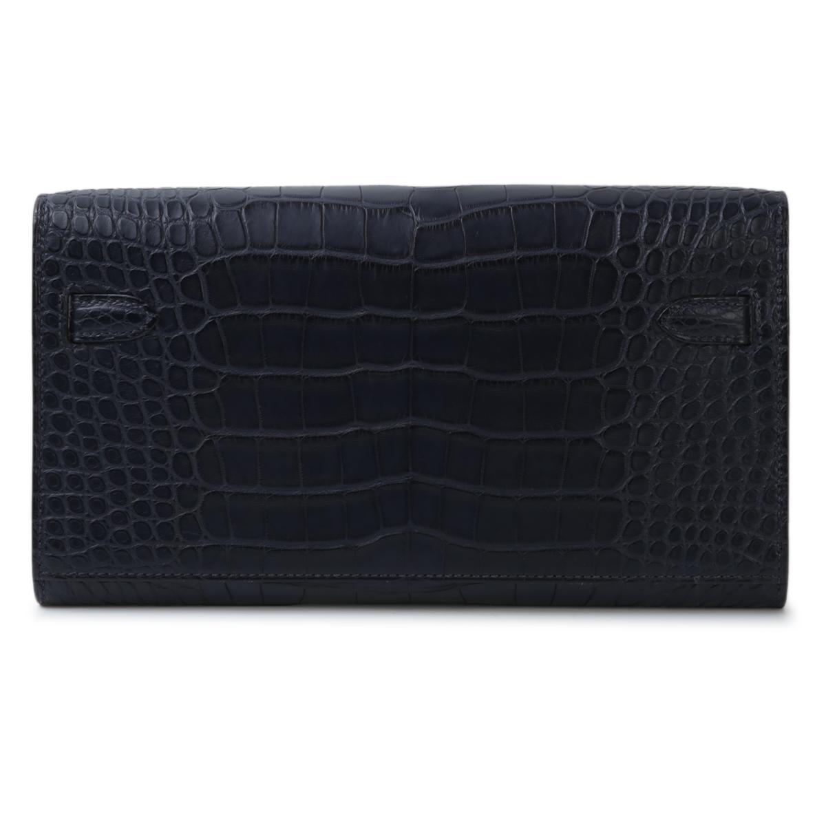 [中古] HERMÈS 愛馬仕 短吻鱷 Kelly To Go 錢包 76 Bleu Indigo 深藍 銀扣 - 3