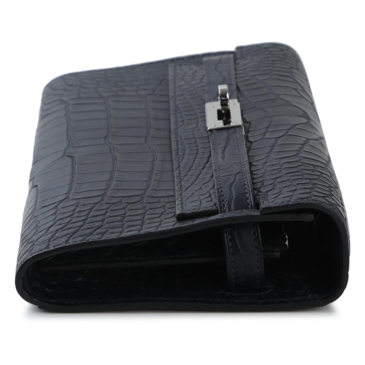 [中古] HERMÈS 愛馬仕 短吻鱷 Kelly To Go 錢包 76 Bleu Indigo 深藍 銀扣 - 5