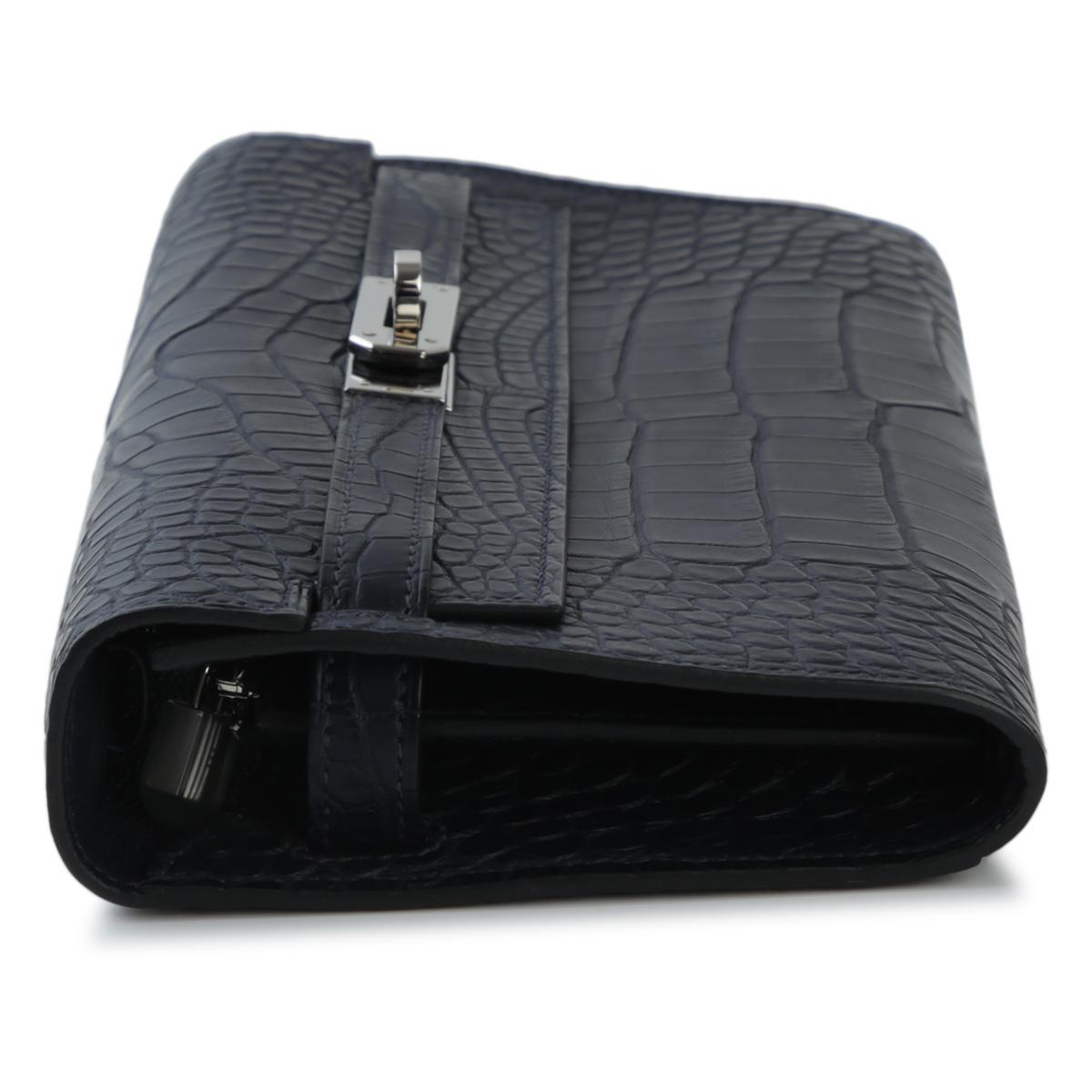 [中古] HERMÈS 愛馬仕 短吻鱷 Kelly To Go 錢包 76 Bleu Indigo 深藍 銀扣 - 4