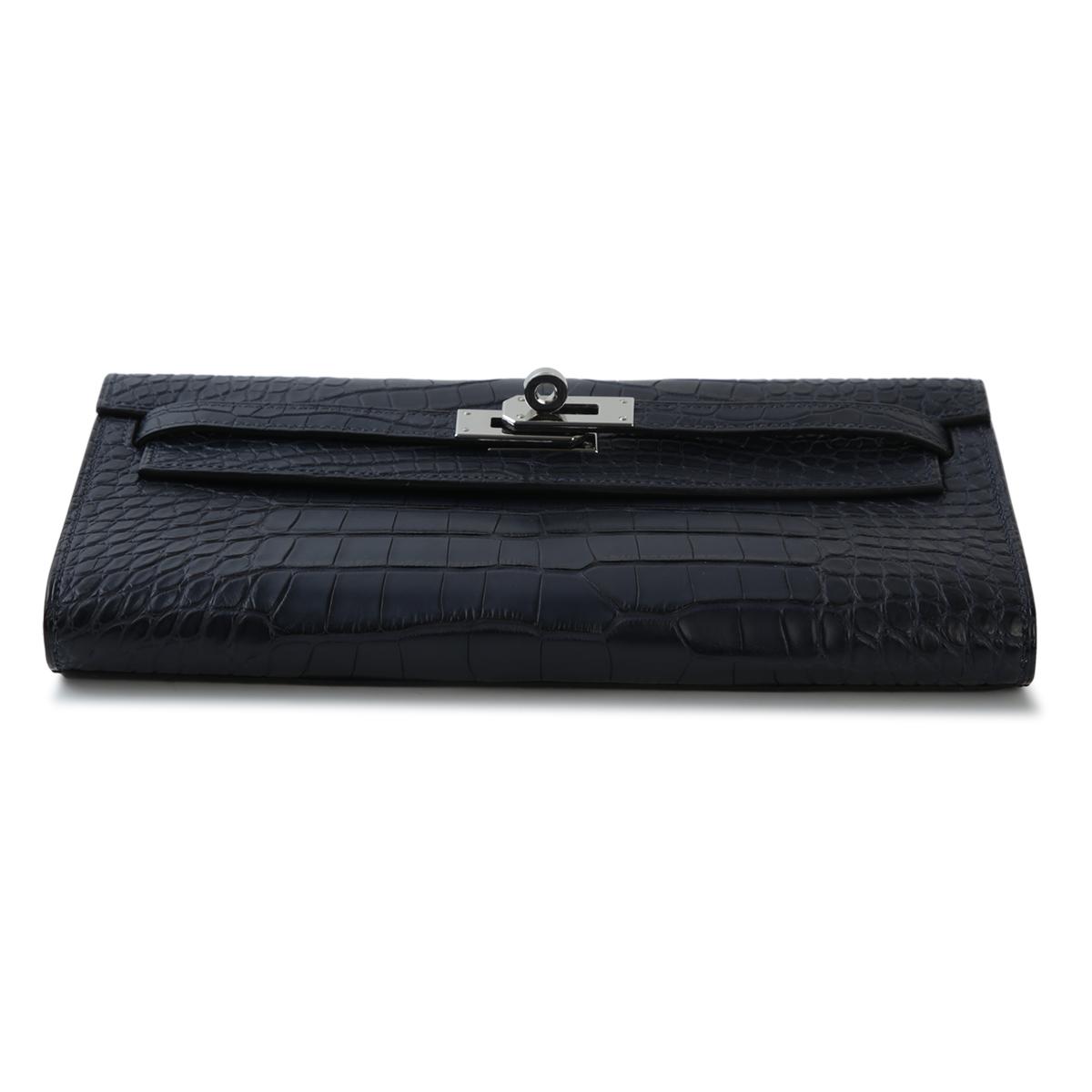 [中古] HERMÈS 愛馬仕 短吻鱷 Kelly To Go 錢包 76 Bleu Indigo 深藍 銀扣 - 6