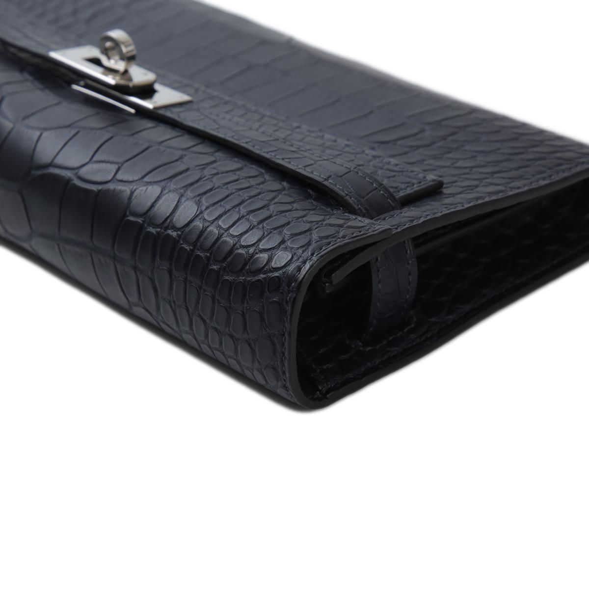 [中古] HERMÈS 愛馬仕 短吻鱷 Kelly To Go 錢包 76 Bleu Indigo 深藍 銀扣 - 9