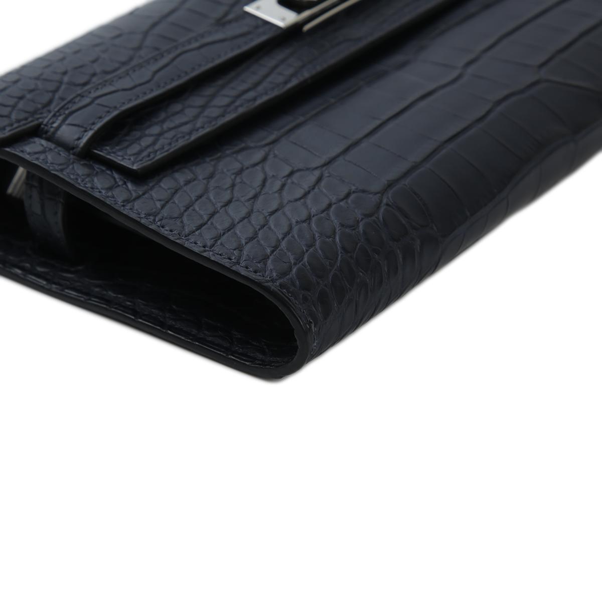 [中古] HERMÈS 愛馬仕 短吻鱷 Kelly To Go 錢包 76 Bleu Indigo 深藍 銀扣 - 10