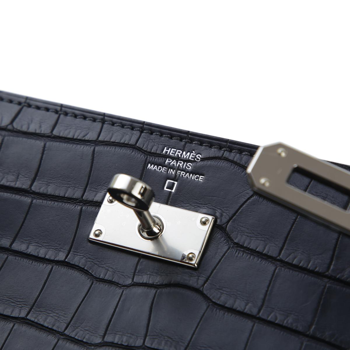 [中古] HERMÈS 愛馬仕 短吻鱷 Kelly To Go 錢包 76 Bleu Indigo 深藍 銀扣 - 13